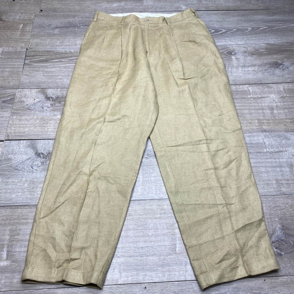 Unbranded Pleated Cuffed Pants Mens 38x29 Tan Linen Khaki Trousers Wide Baggy